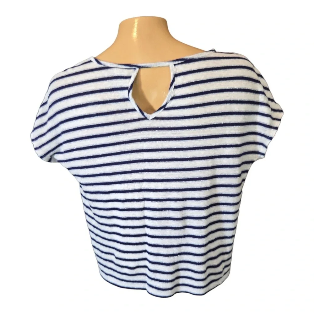 Christian‎ Siriano Womens Top White Blue Silver Medium Linen Coastal Nautical